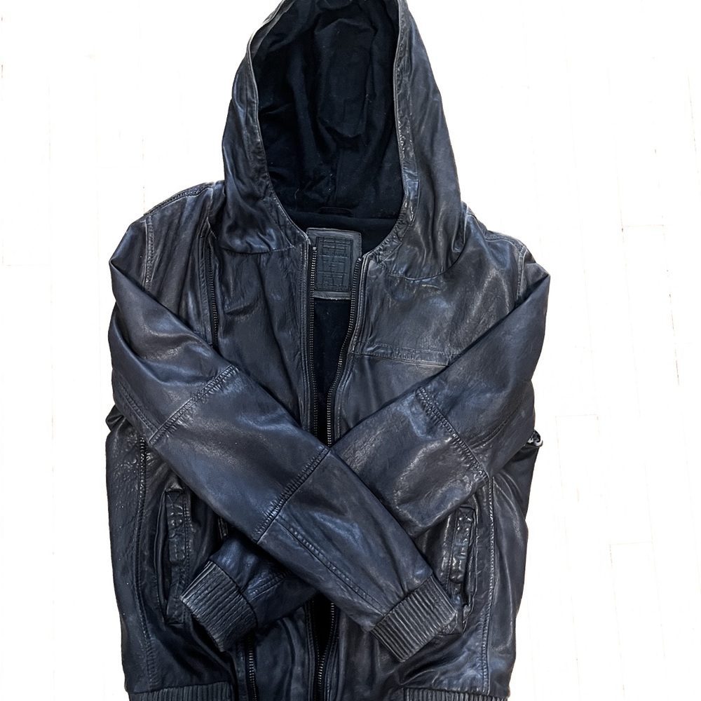 All Saints Black Leather hoodie Jacket